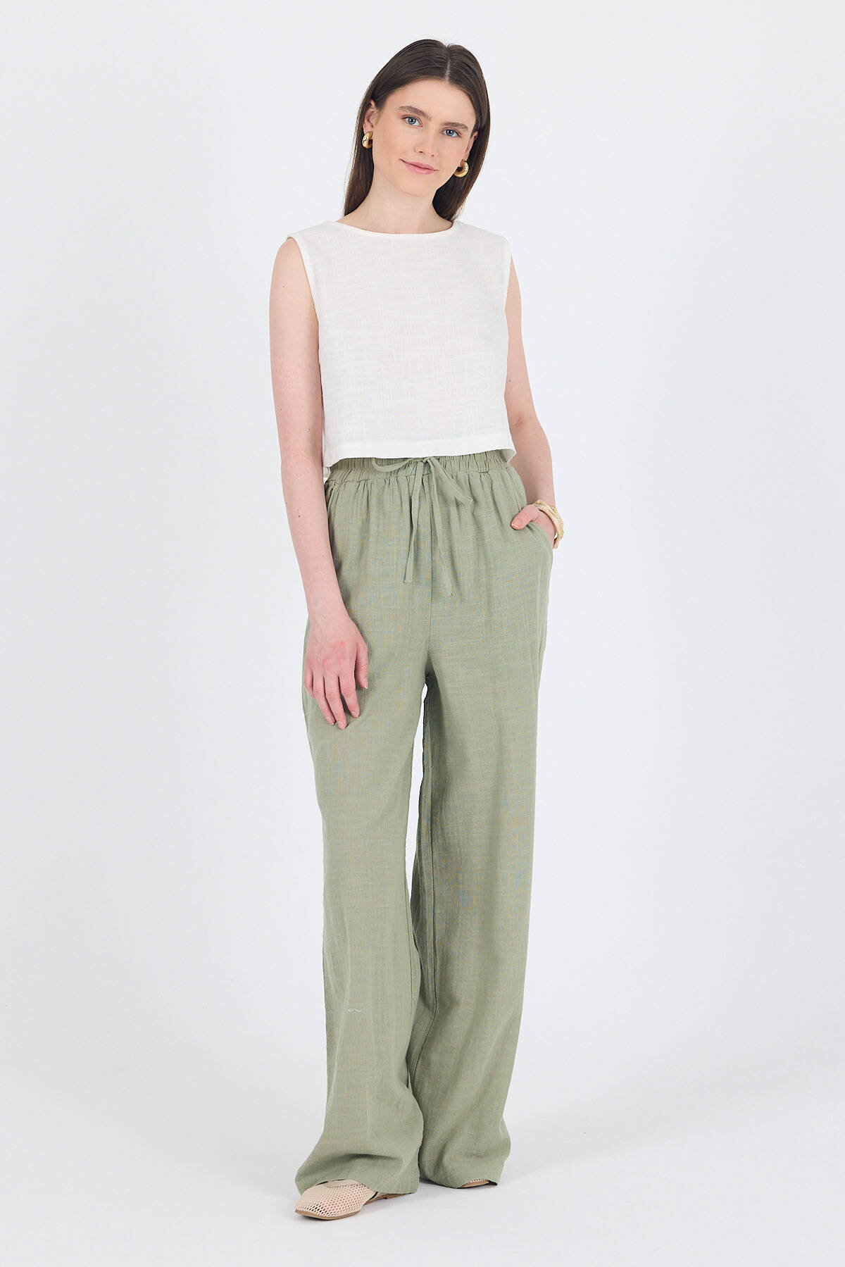 Olive Yeşili Keten Görünümlü %100 Pamuk Bol Paça Pantolon 3040 - Stilay