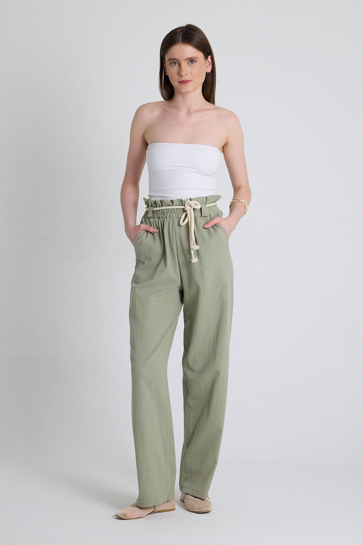 Olive Yeşili Keten Görünümlü %100 Pamuk Büzgülü Bel Hasır Kemerli Bol Paça Pantolon 6941 - Stilay