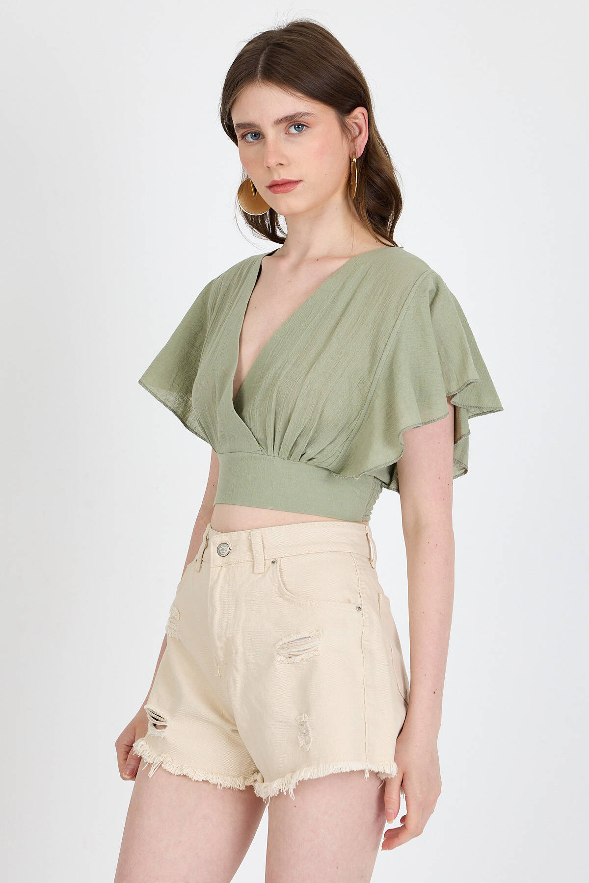 Olive Yeşili Keten Görünümlü %100 Pamuk Fırfır Kol Detaylı Crop Bluz 6942 - Stilay
