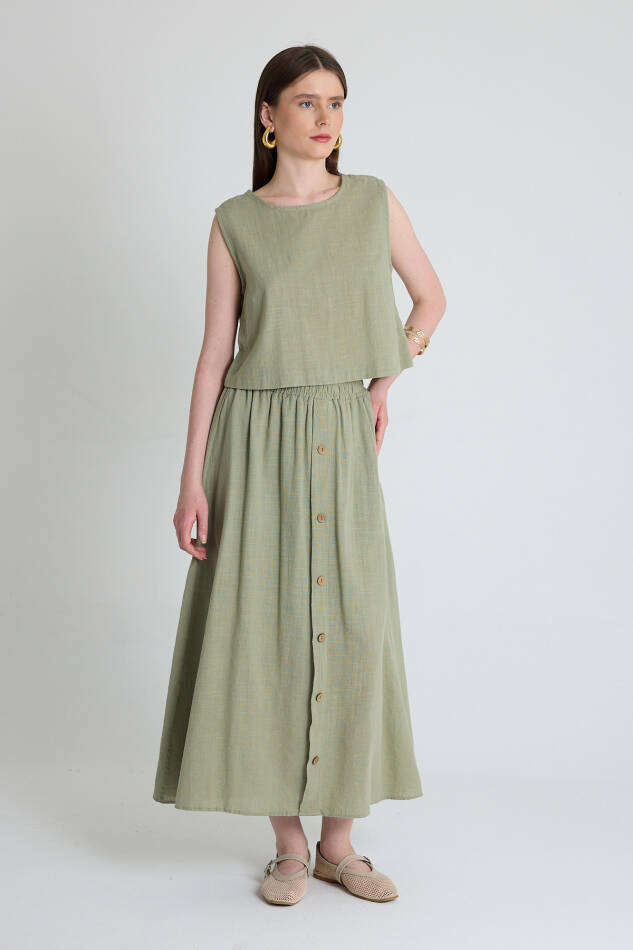 Olive Yeşili Keten Görünümlü %100 Pamuk Kolsuz Crop Bluz 3419-1 - 3