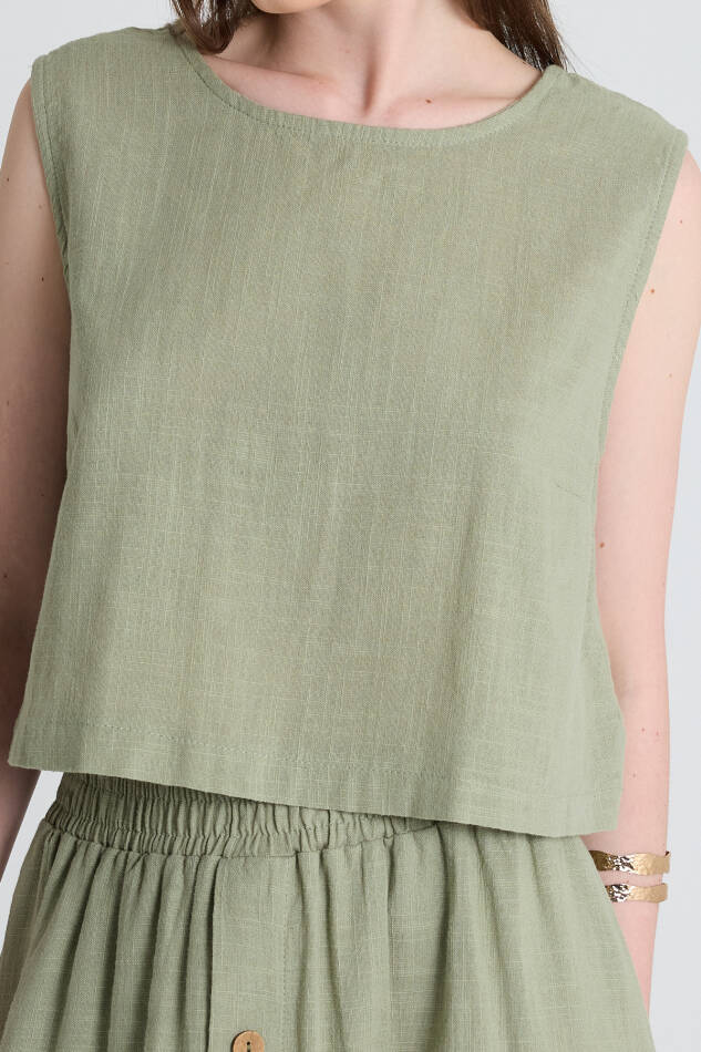 Olive Yeşili Keten Görünümlü %100 Pamuk Kolsuz Crop Bluz 3419-1 - 4