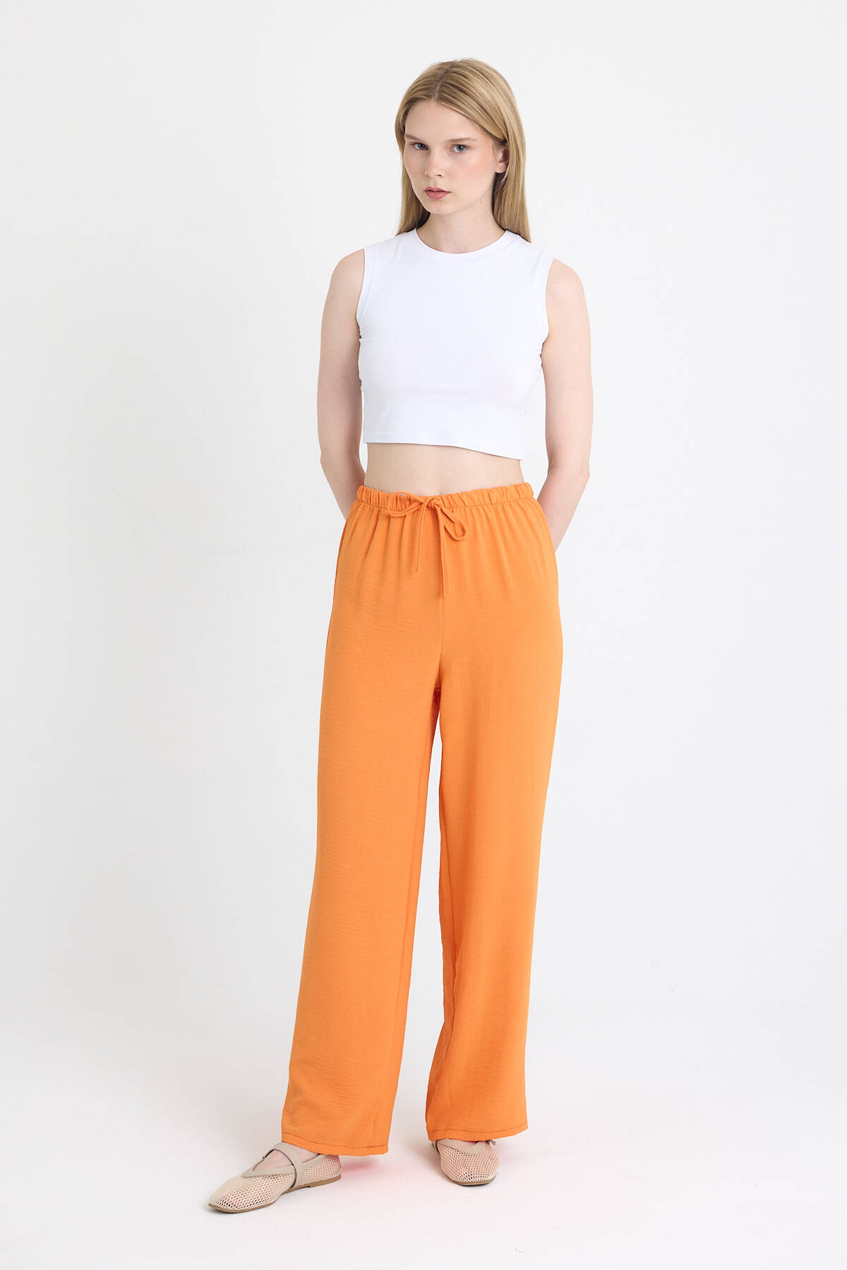 Orange Beli Lastikli Bol Paça Dokuma Pantolon 4284-1 - 1