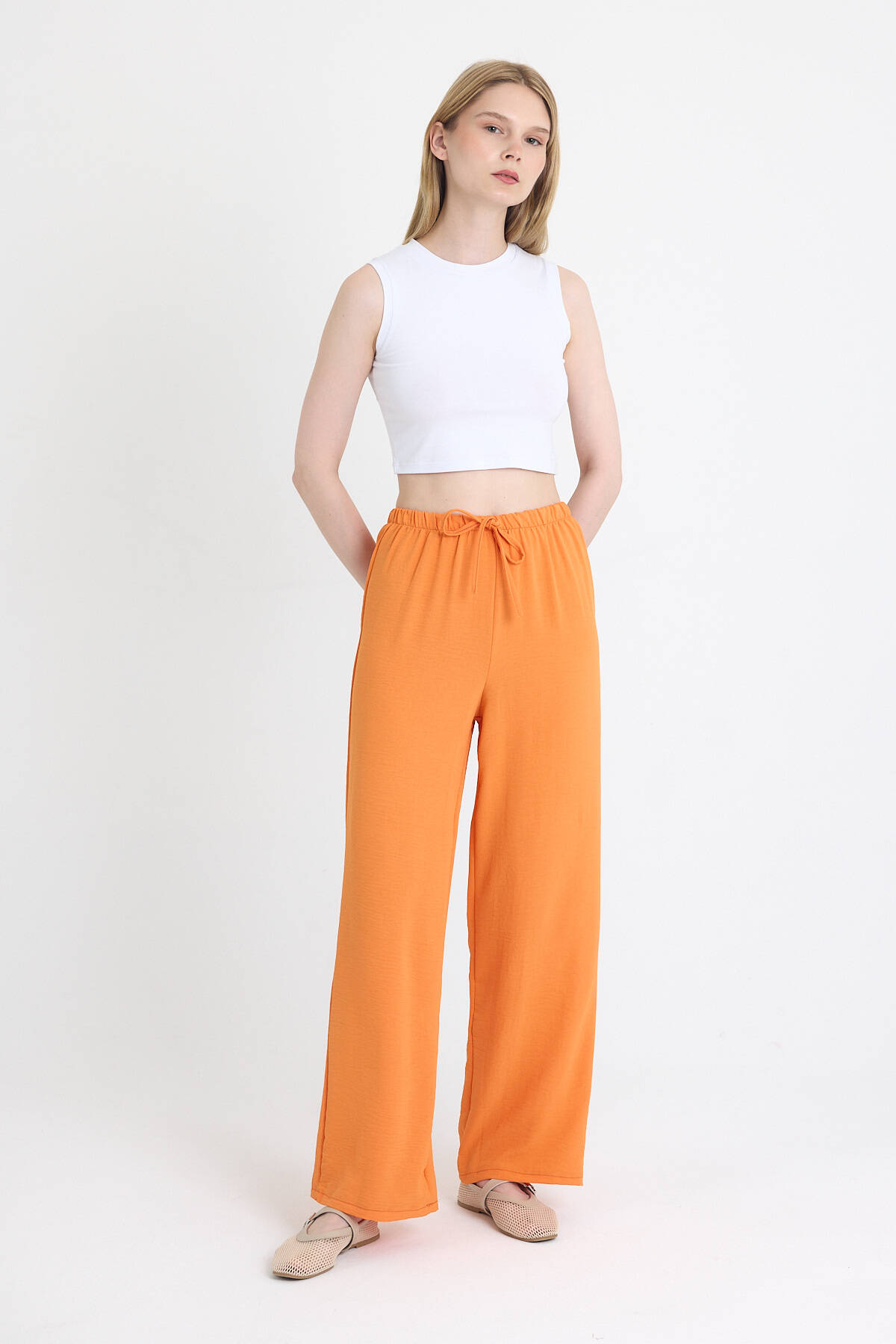 Orange Beli Lastikli Bol Paça Dokuma Pantolon 4284-1 - Stilay