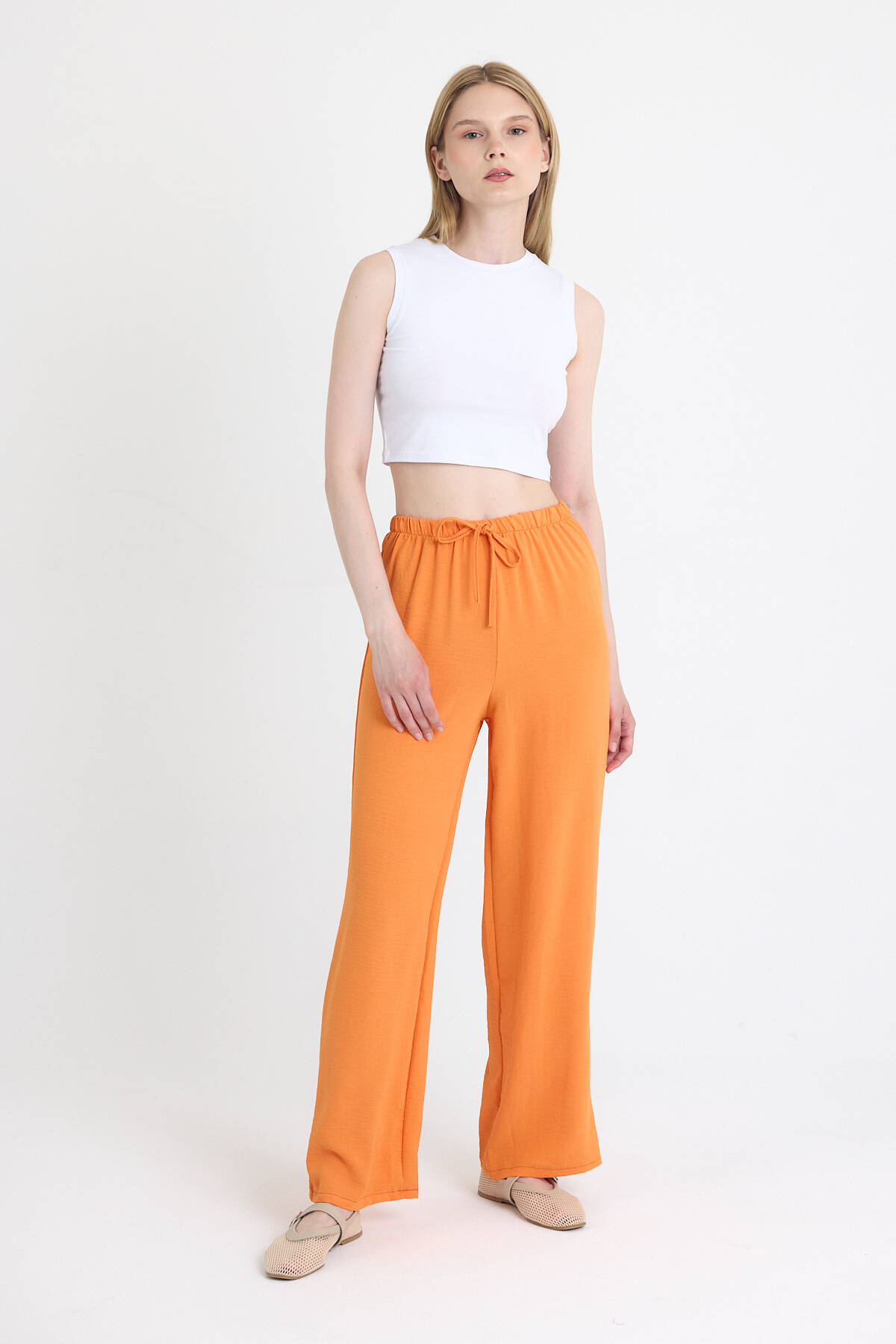 Orange Beli Lastikli Bol Paça Dokuma Pantolon 4284-1 - 3