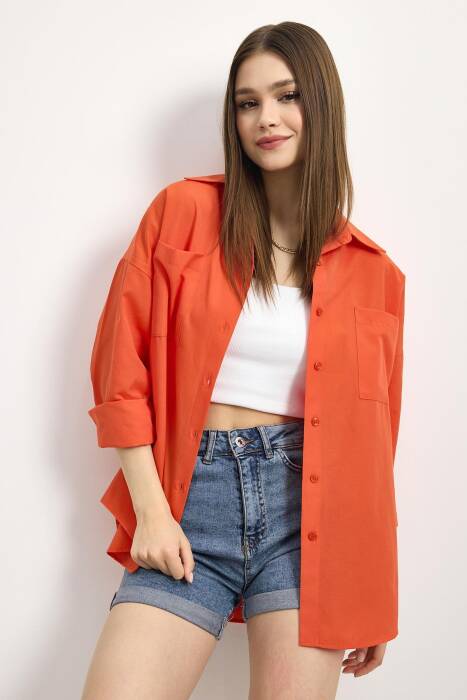 Orange Çift Cepli Oversize Uzun Basic Gömlek TCR 6256A - Stilay