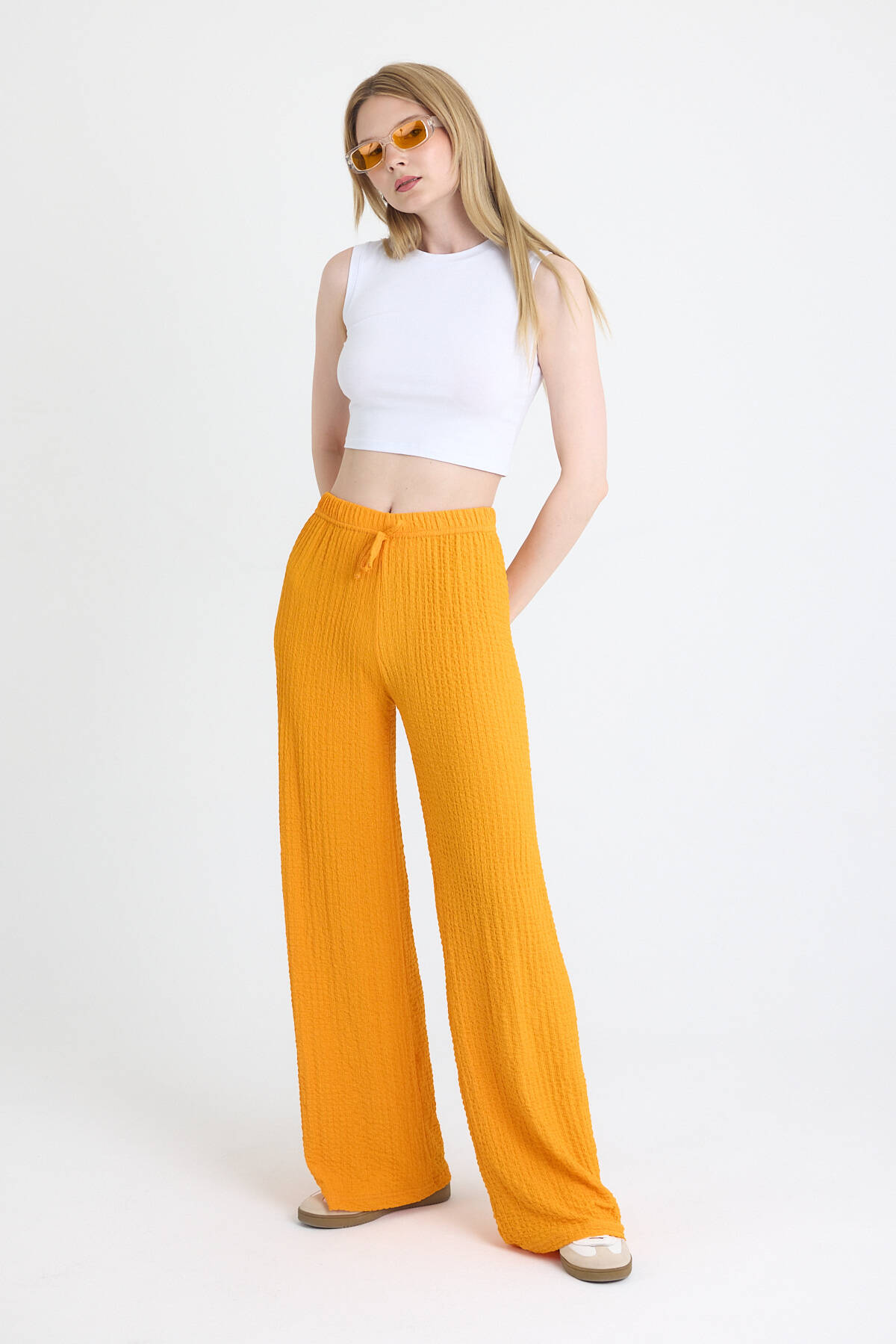 Orange Geniş Paça Dökümlü Bürümcük Kumaş Pantolon 326 - Stilay