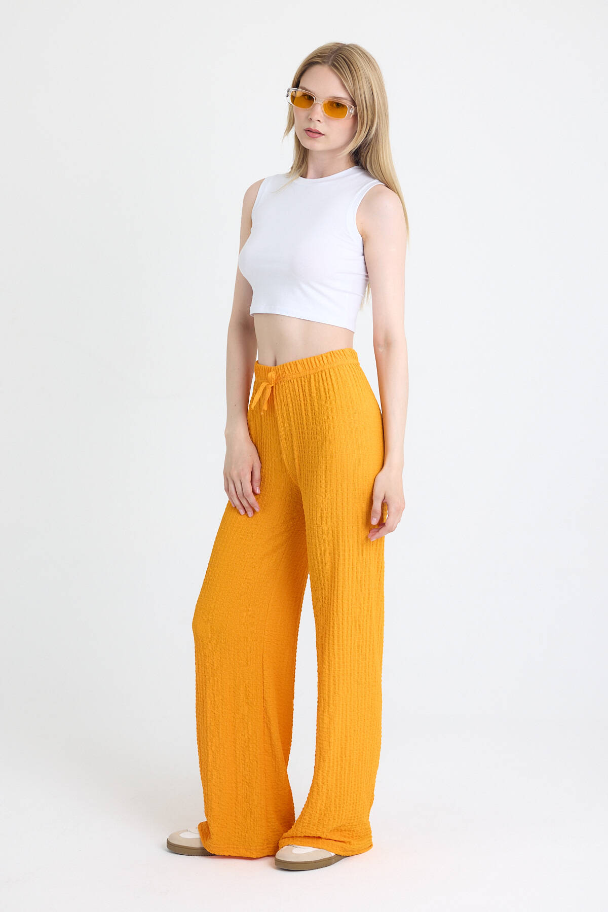 Orange Geniş Paça Dökümlü Bürümcük Kumaş Pantolon 326 - 3