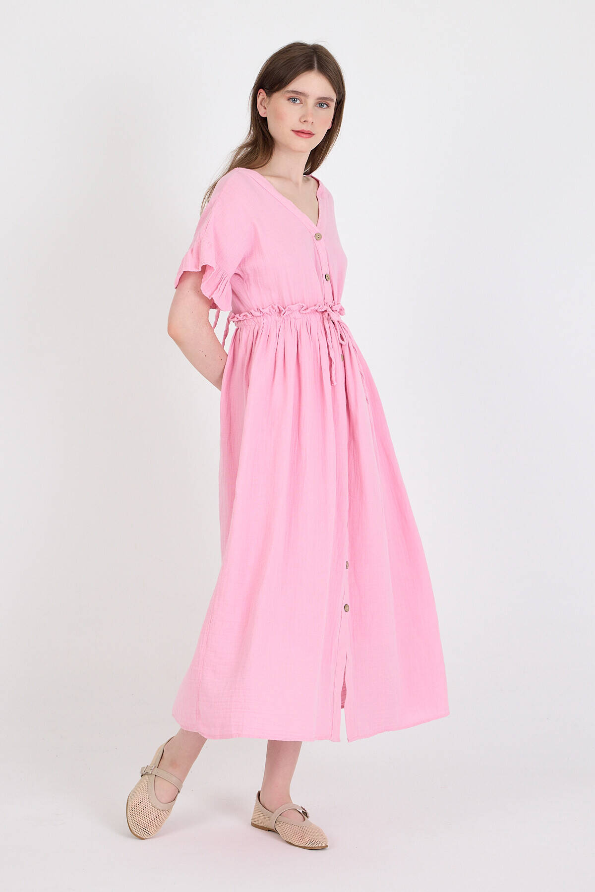 Pembe %100 Pamuk Fırfır Kol Detaylı Düğmeli Elbise 4781A - Stilay