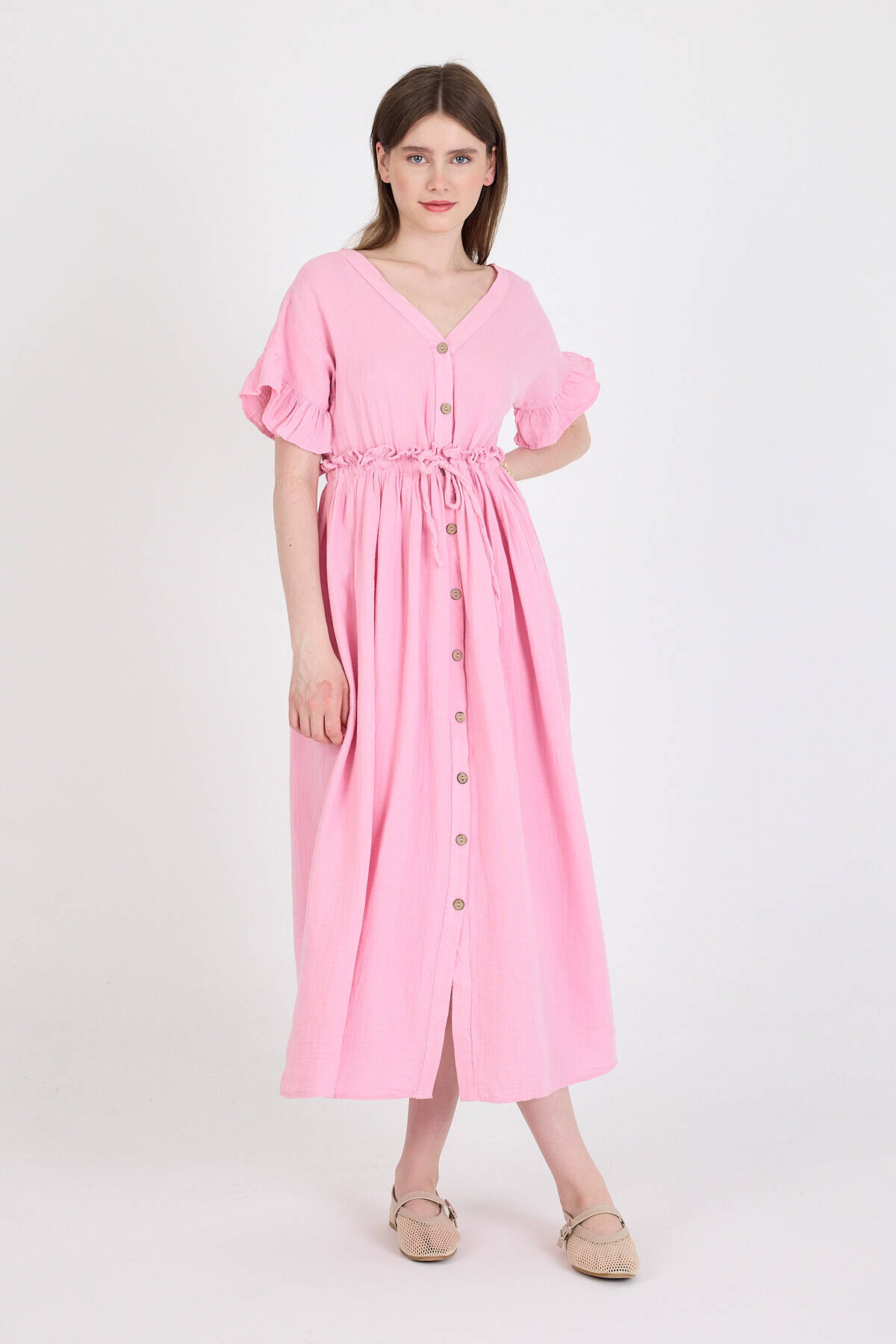 Pembe %100 Pamuk Fırfır Kol Detaylı Düğmeli Elbise 4781A - 7