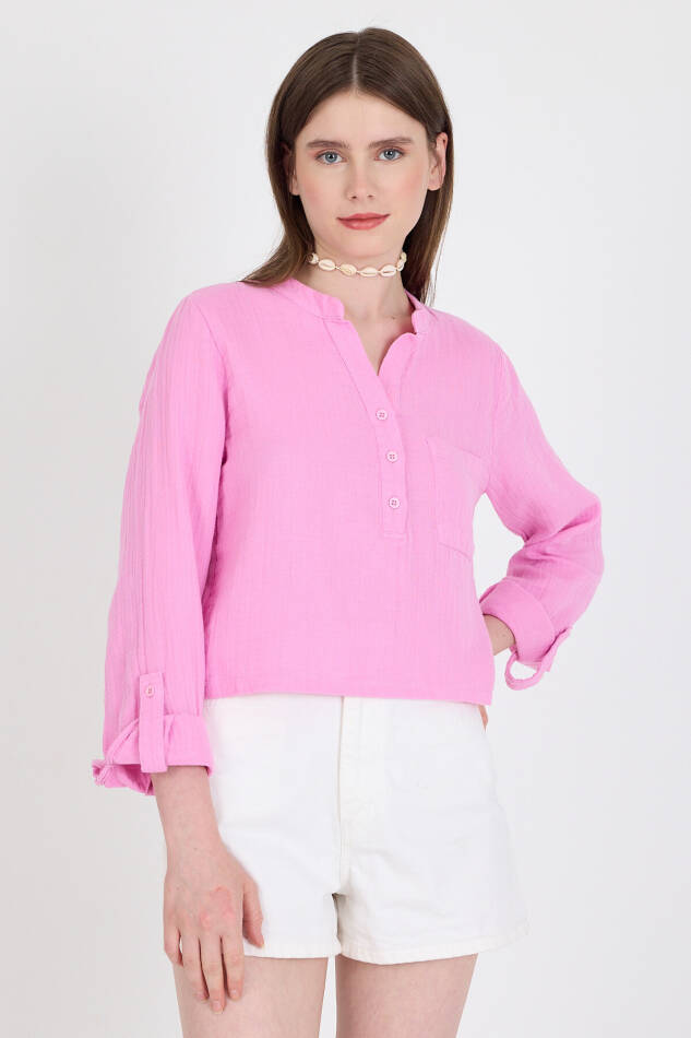 Pembe %100 Pamuk Keten Görünümlü Hakim Yaka Crop Gömlek 4702A - 3