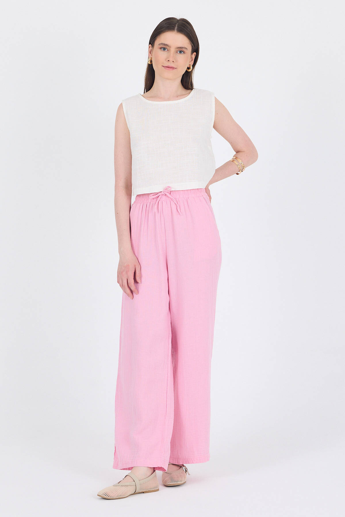 Pembe %100 Pamuk Müslin Palazzo/Bol Paça Pantolon 8056A - 2