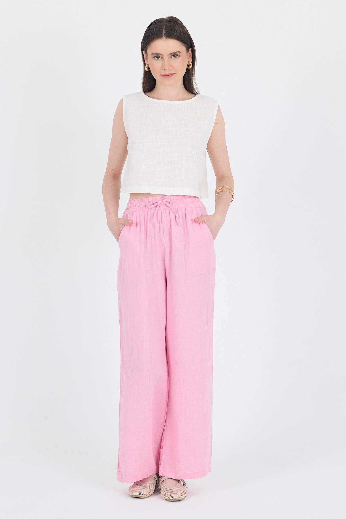 Pembe %100 Pamuk Müslin Palazzo/Bol Paça Pantolon 8056A - 3