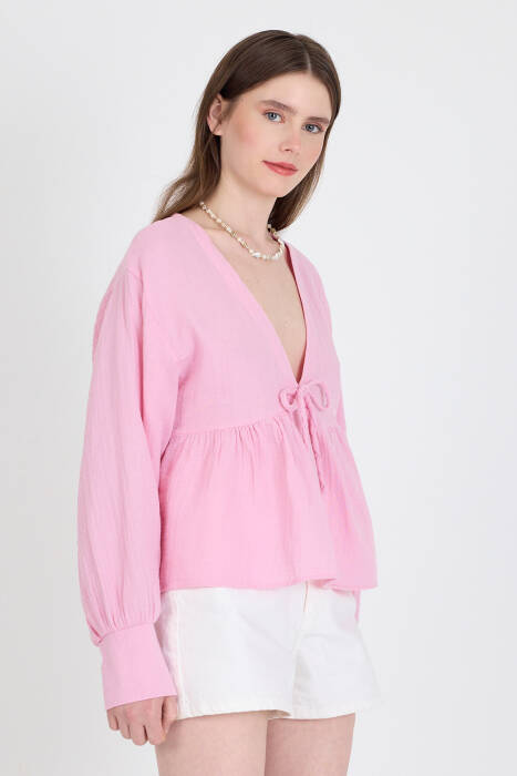 Pembe %100 Pamuk V Yaka Ön Bağlama Detaylı Bluz 4784A - Stilay