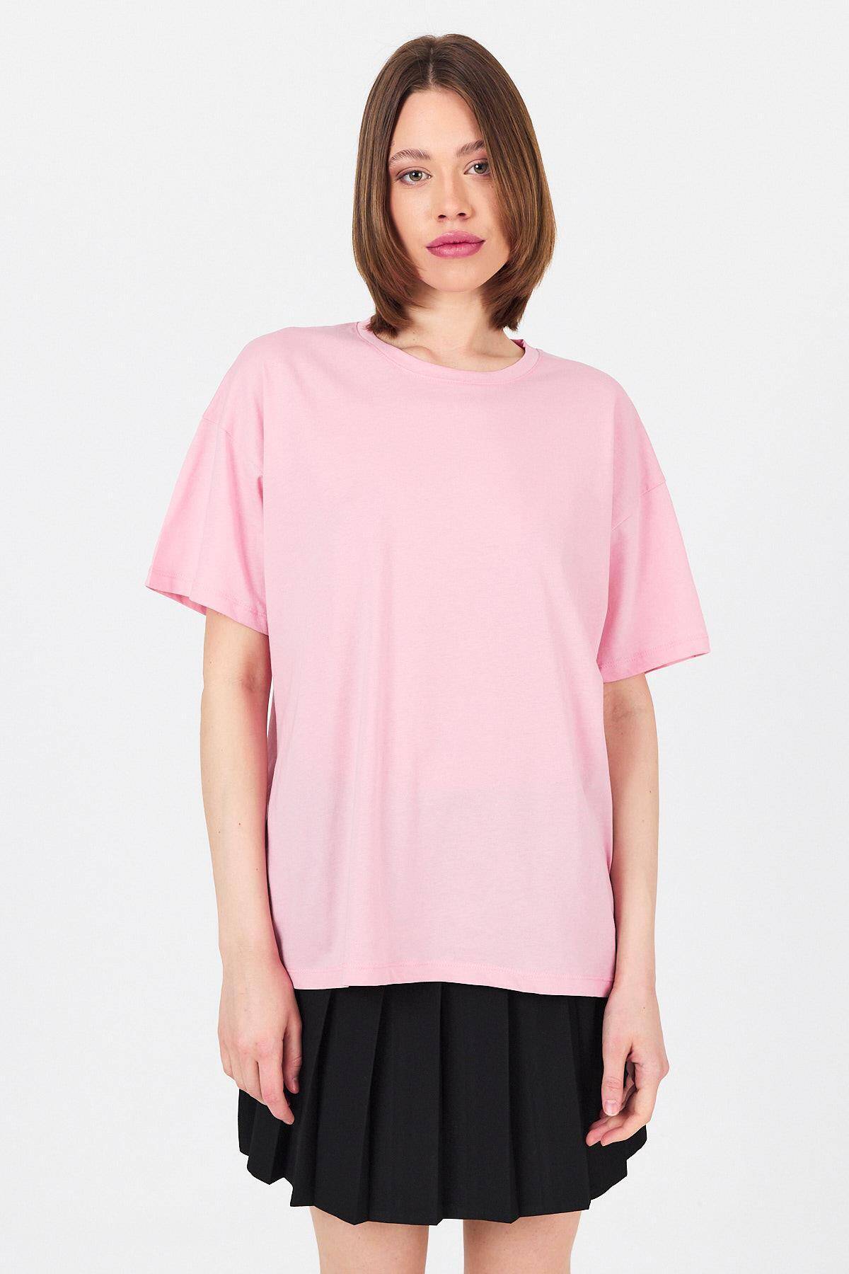 Pembe Arka Yazı Baskılı Kalpli %100 Pamuk Oversize Tişört 2150-33M - Stilay