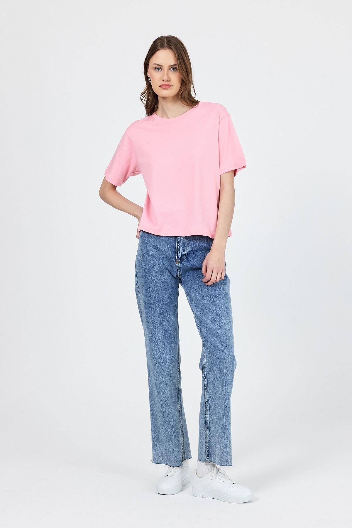 Pembe Bisiklet Yaka %100 Pamuk Relaxed Fit Tişört 2142M - Stilay