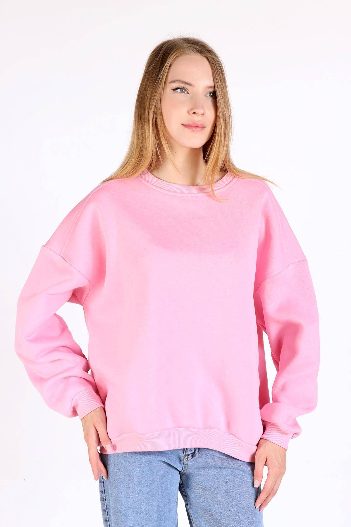 Pembe Bisiklet Yaka Oversize Kadın Sweatshirt 9152M 