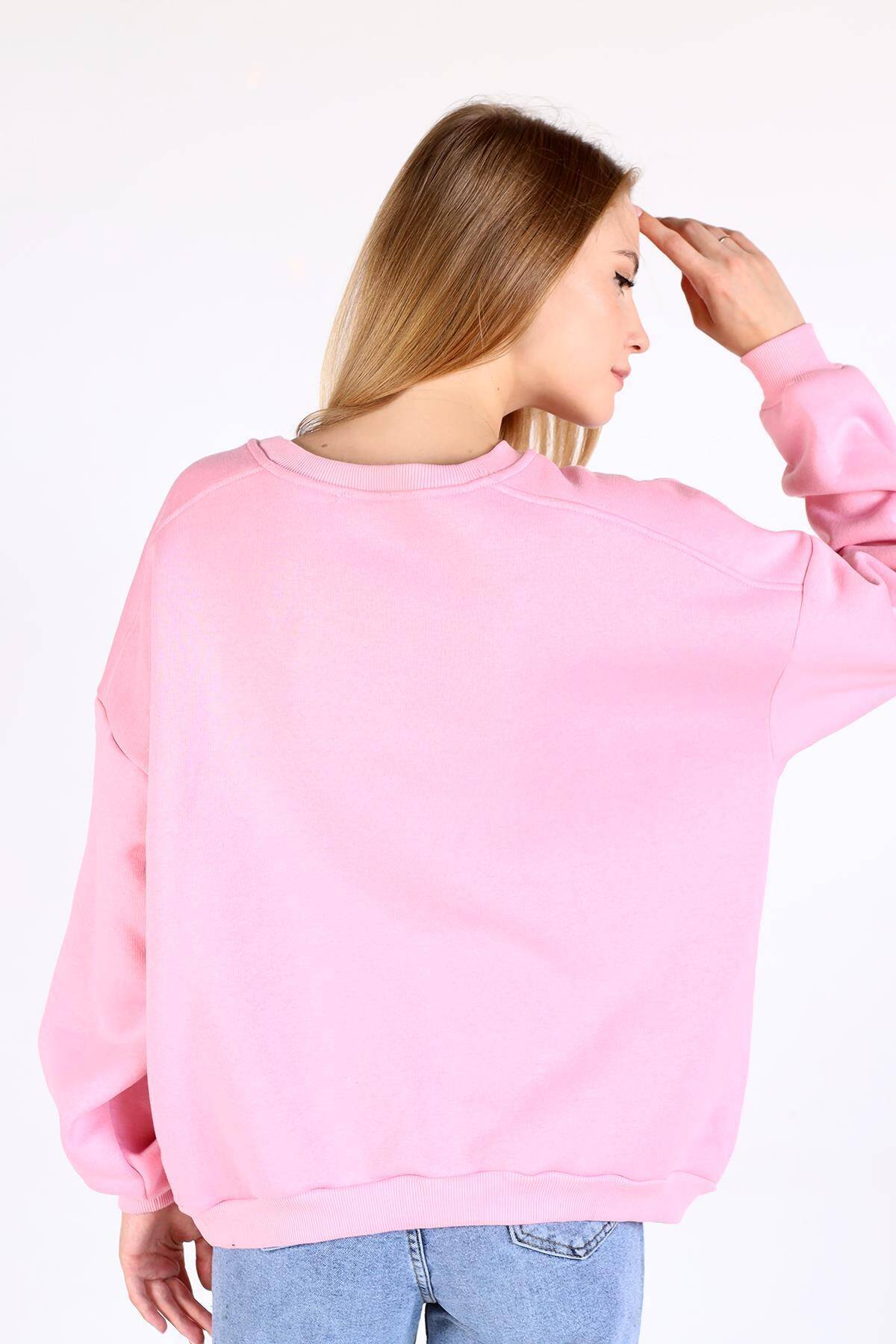 Pembe Bisiklet Yaka Oversize Kadın Sweatshirt 9152M - 3