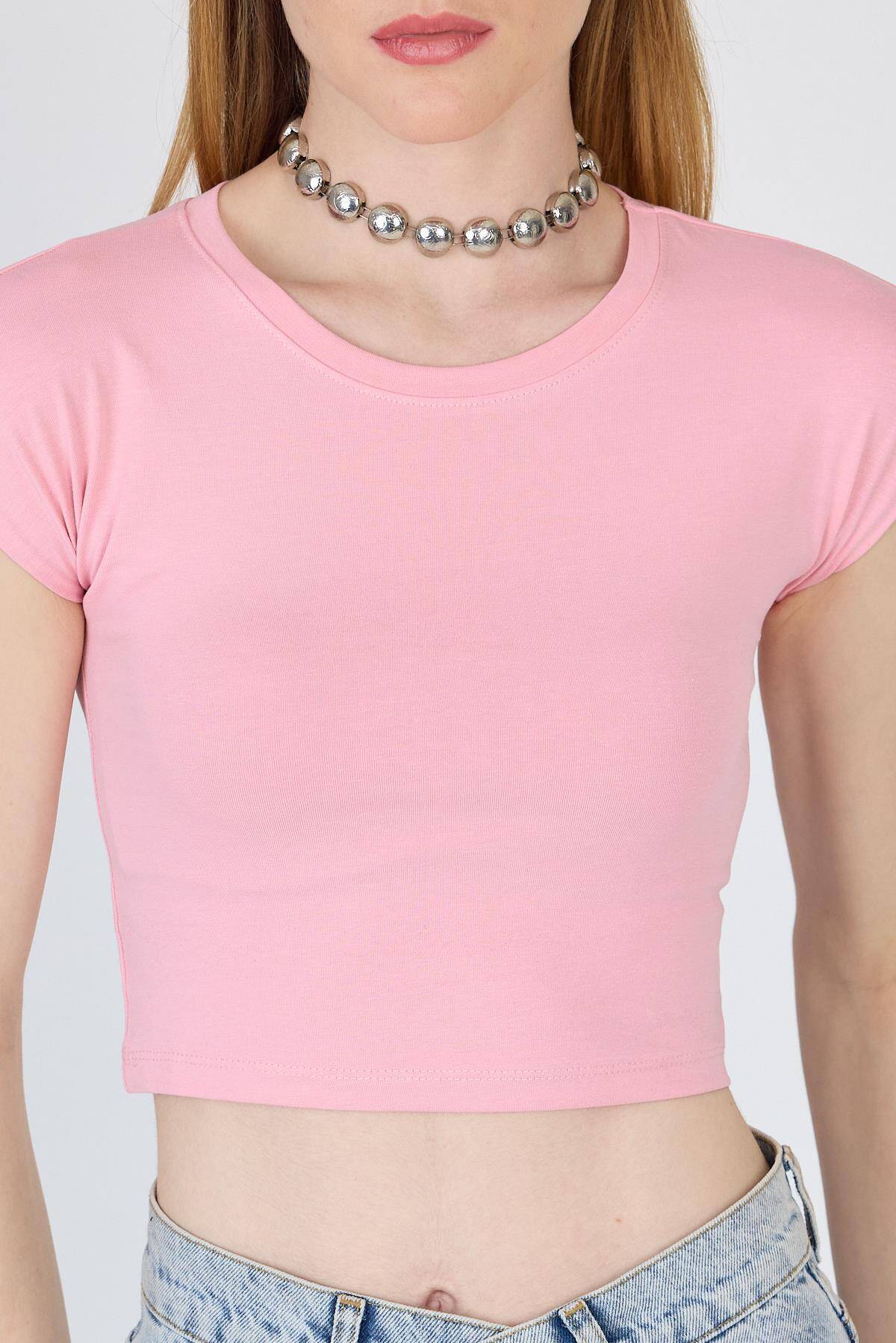 Pembe Bisiklet Yaka Pamuklu Slim Fit Crop Tişört 9199M - 4