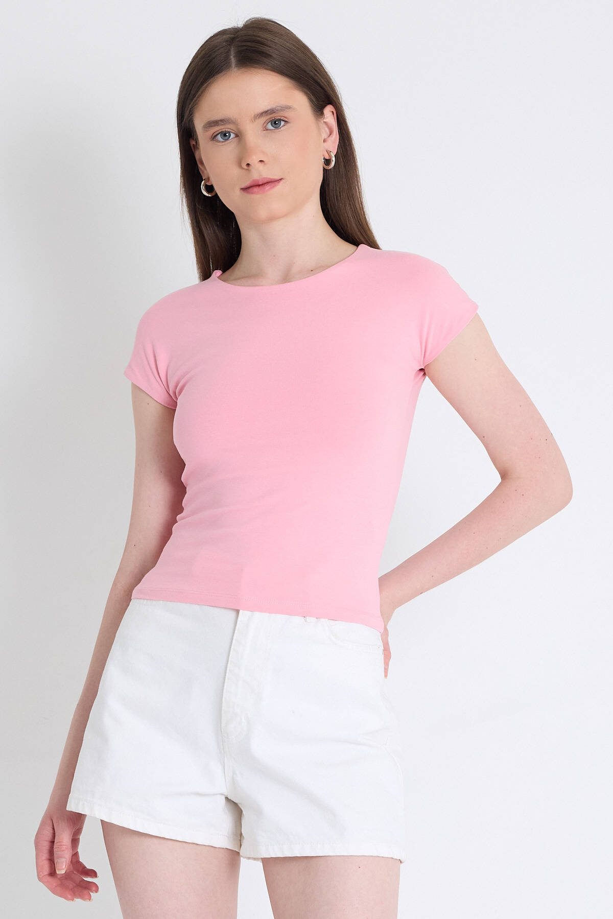 Pembe Bisiklet Yaka Pamuklu Slim Fit Tişört 9190 