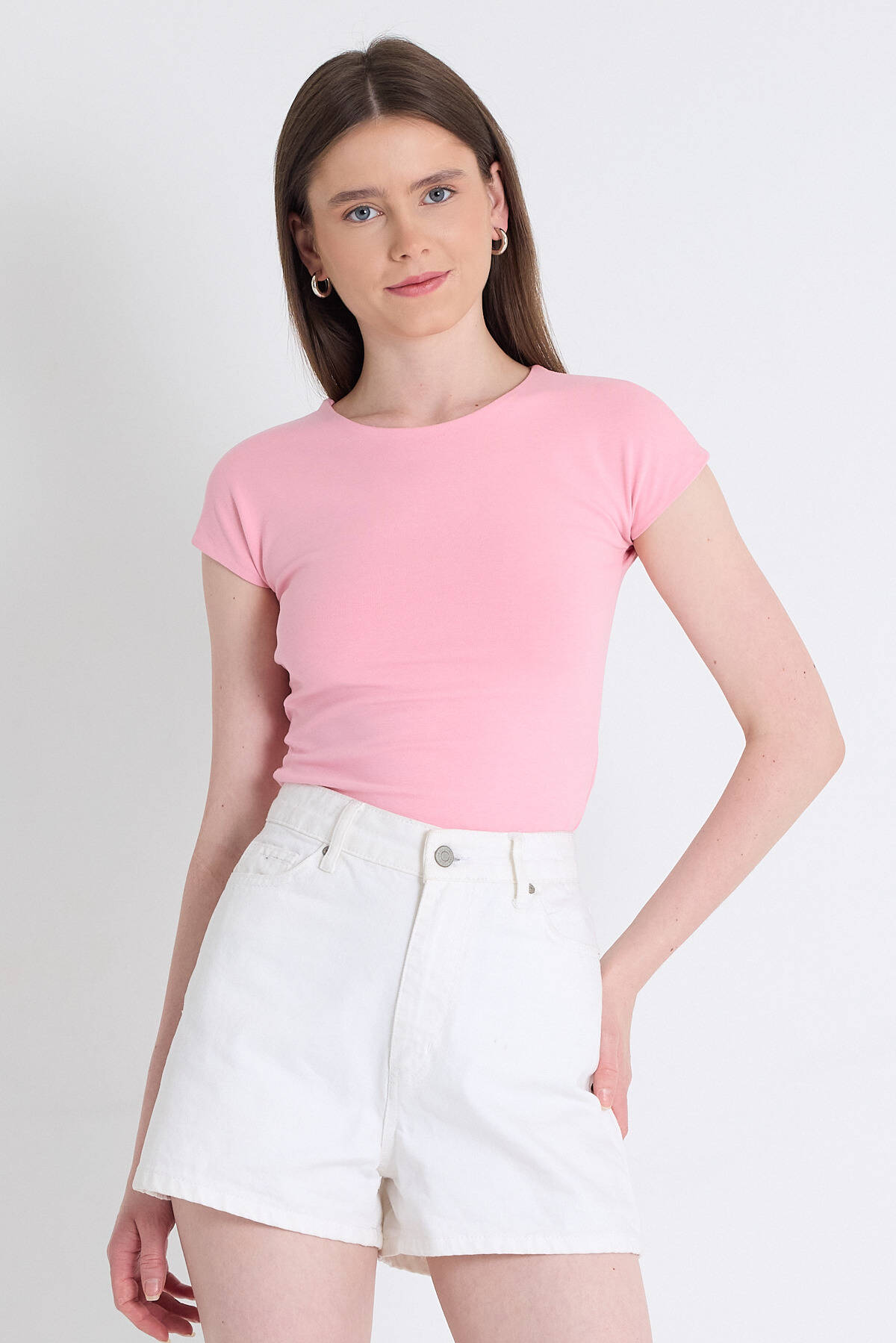 Pembe Bisiklet Yaka Pamuklu Slim Fit Tişört 9190 - Stilay