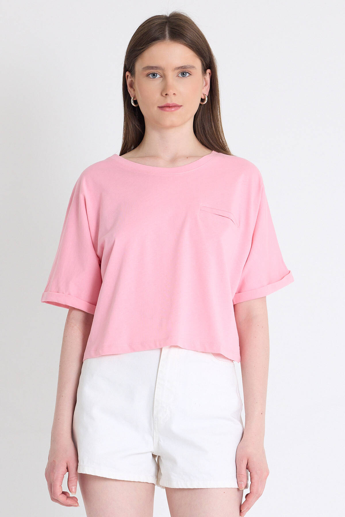 Pembe Cep Detaylı Bisiklet Yaka Crop Tişört 2136M - 2