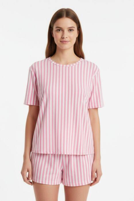 Pembe Çizgili Şortlu Pijama Takımı 3411 