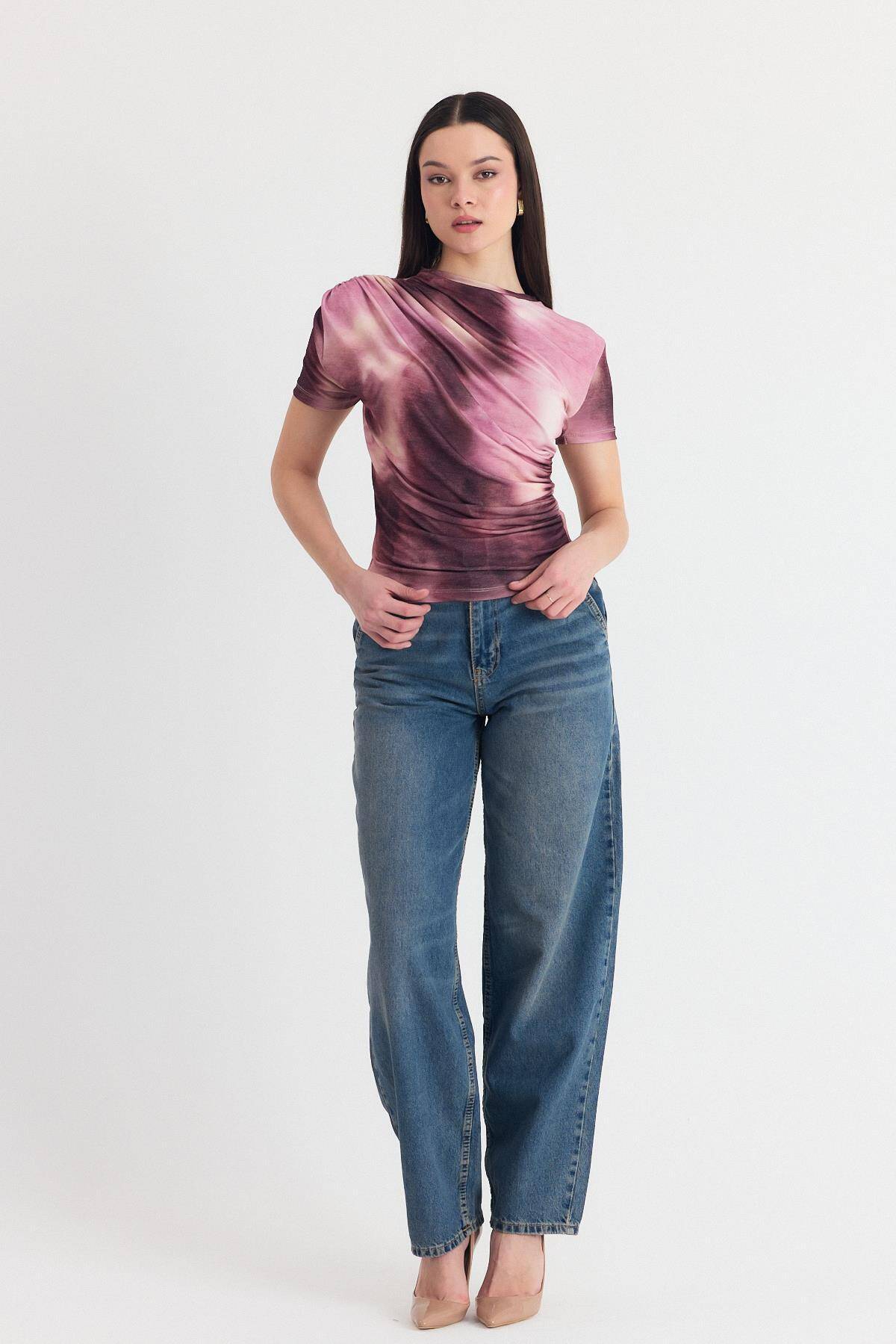 Pembe Desenli Büzgülü Sandy Bluz 12303 - Stilay