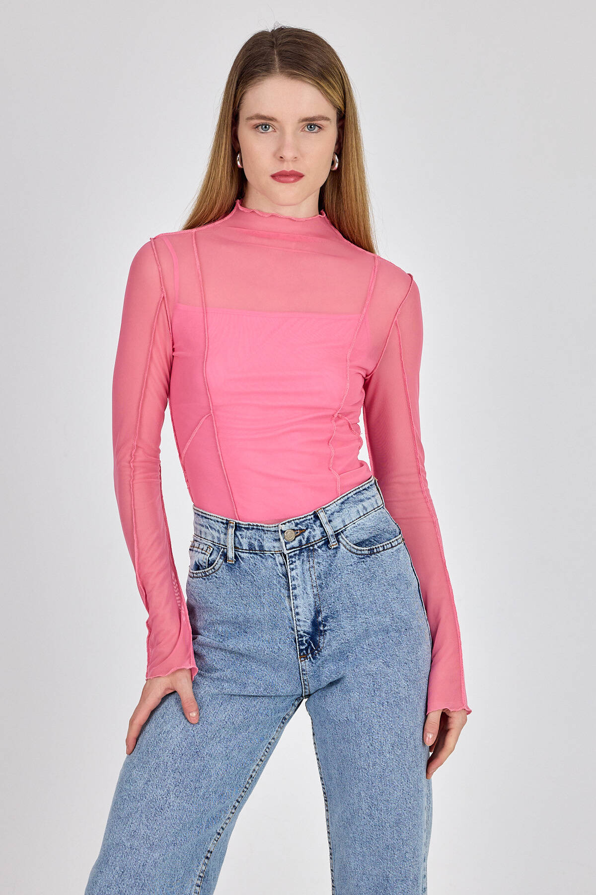 Pembe Dikiş Detaylı Uzun Kollu Tül Bluz 233163 - 1