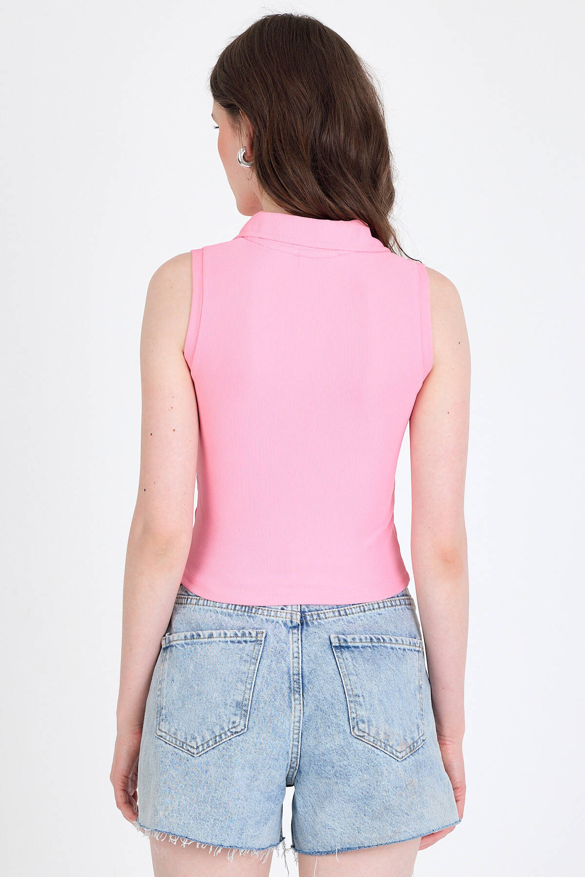 Pembe Düğmeli Polo Yaka Sıfır Kol Örme Bluz 2219 - 5