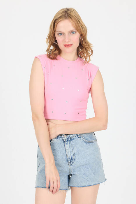 Pembe Gümüş Kalp Detaylı Crop Tişört 2499 