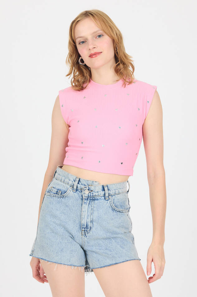 Pembe Gümüş Kalp Detaylı Crop Tişört 2499 - 2