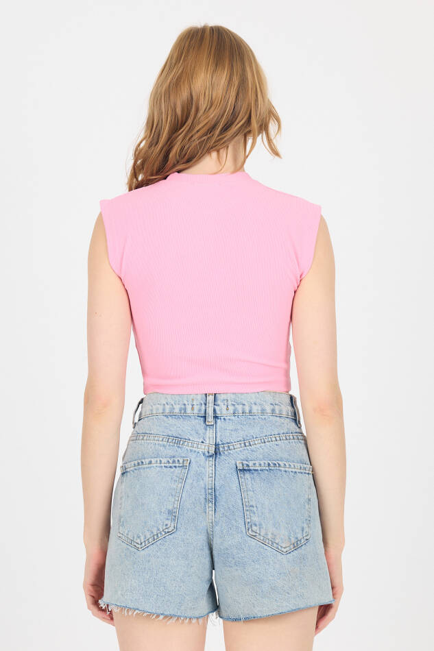 Pembe Gümüş Kalp Detaylı Crop Tişört 2499 - 5