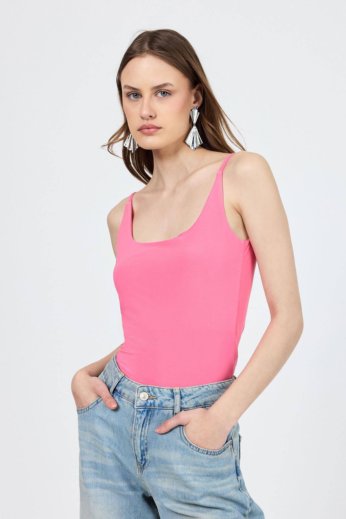 Pembe İnce Askılı Çıtçıtlı Bodysuit 13255 