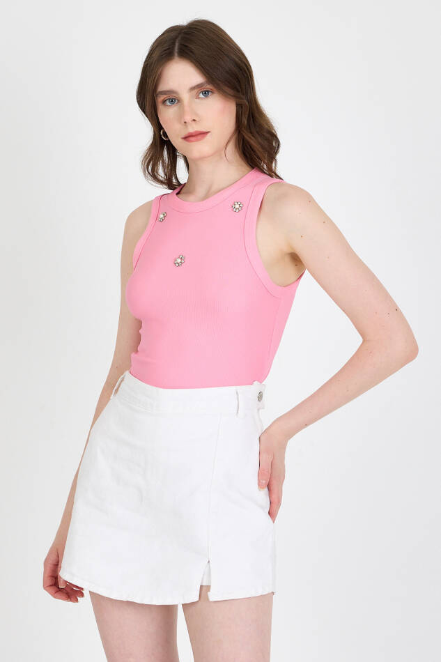 Pembe İnci Taş Detaylı Halter Yaka Ribanalı Atlet 0649 - 1