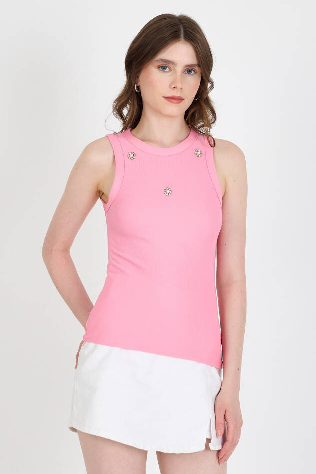 Pembe İnci Taş Detaylı Halter Yaka Ribanalı Atlet 0649 - 2