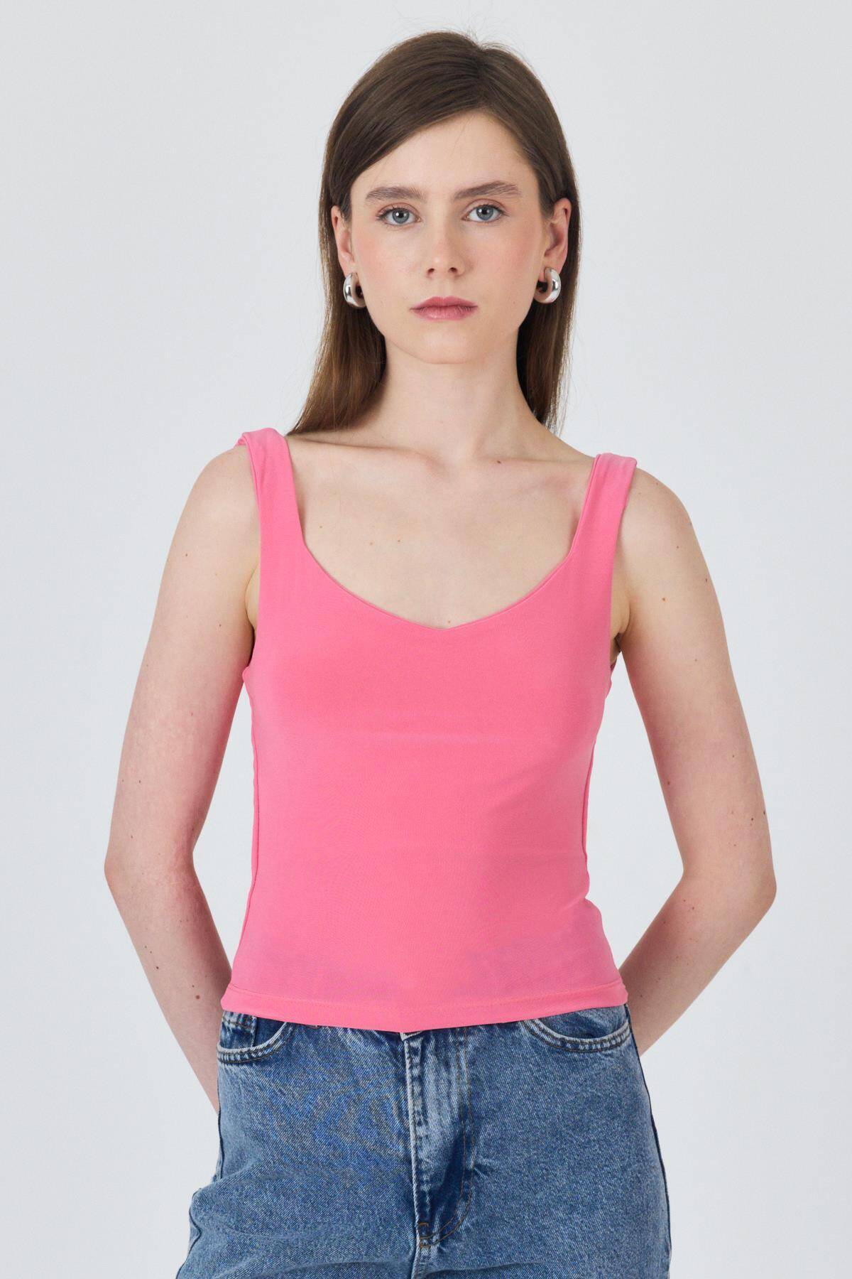 Pembe Kalın Askılı V Yaka Bluz 13293 - Stilay