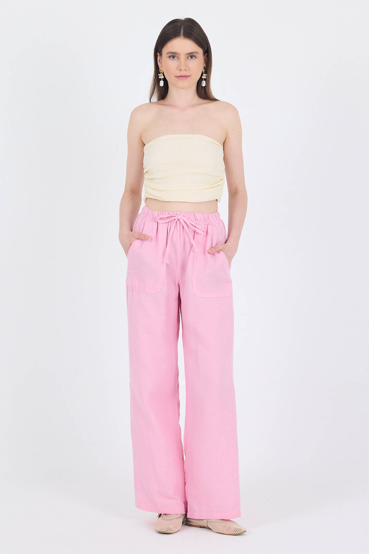 Pembe Keten Görünümlü %100 Pamuk Cepli Bol Paça Pantolon 8054A - Stilay