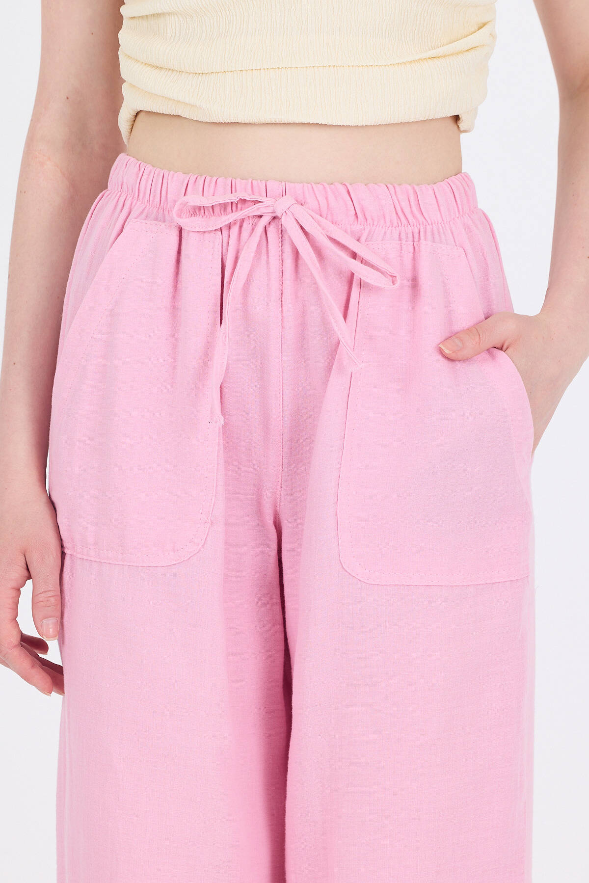 Pembe Keten Görünümlü %100 Pamuk Cepli Bol Paça Pantolon 8054A - 4