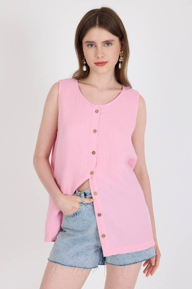 Pembe Keten Görünümlü %100 Pamuk Düğmeli Kolsuz Bluz 4808A - 1