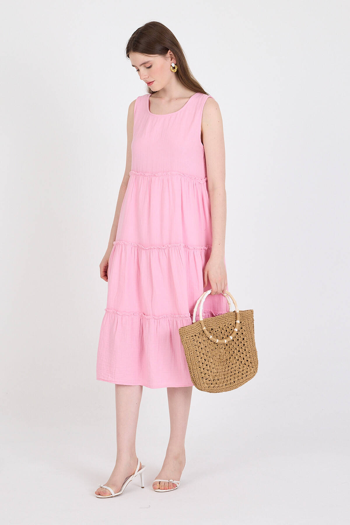 Pembe Keten Görünümlü %100 Pamuk Fırfır Detaylı Kolsuz Midi Elbise 4738A - Stilay