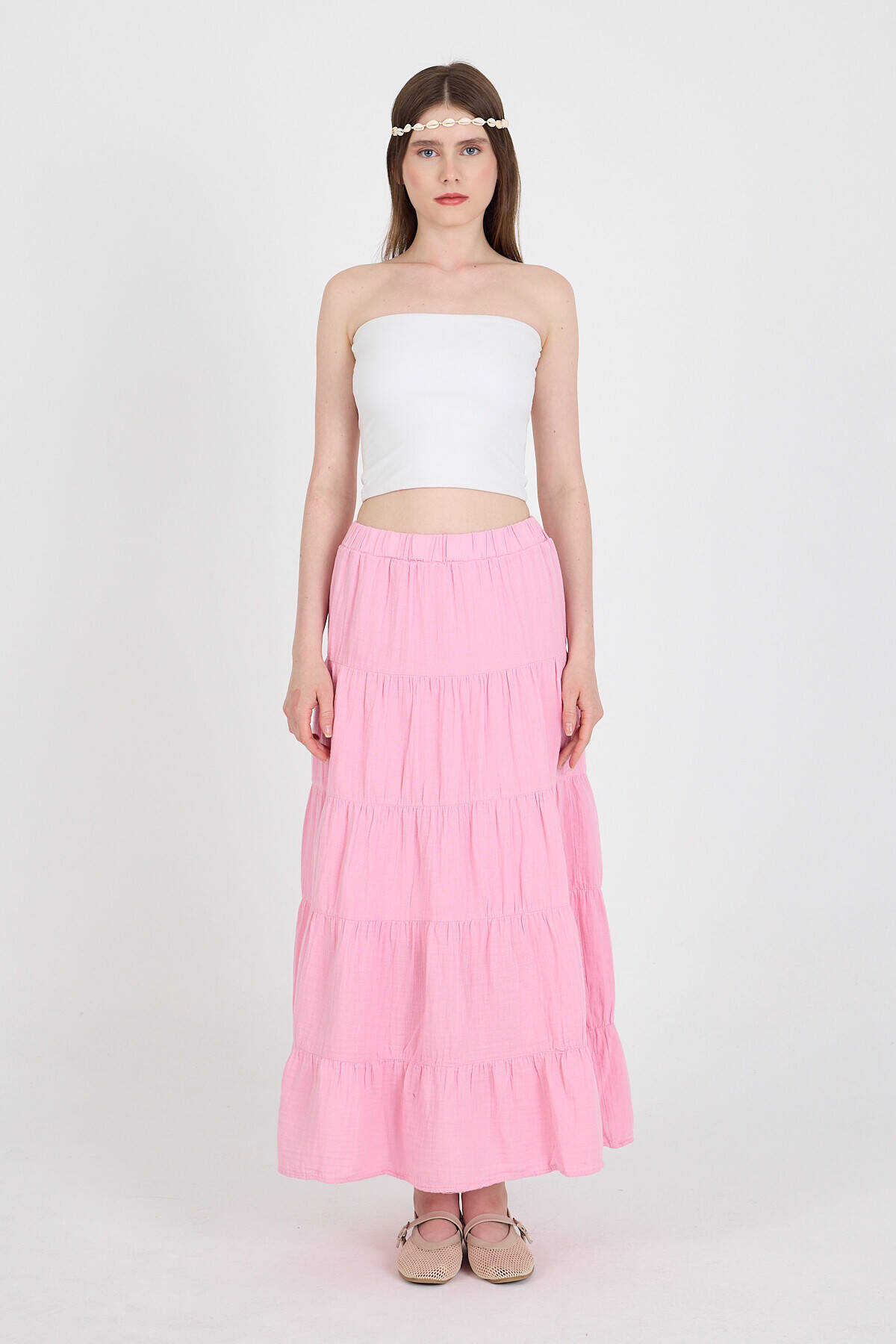 Pembe Keten Görünümlü %100 Pamuk Kat Kat Uzun Etek 4801A - Stilay