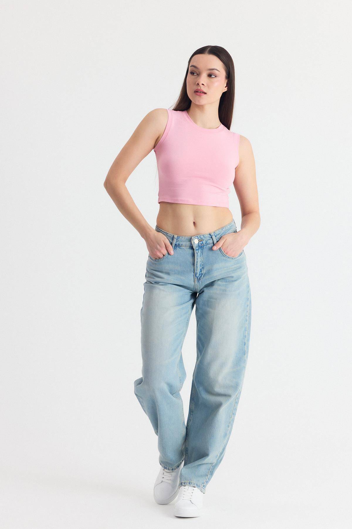 Pembe Kolsuz Bisiklet Yaka Crop Atlet 318 - Stilay