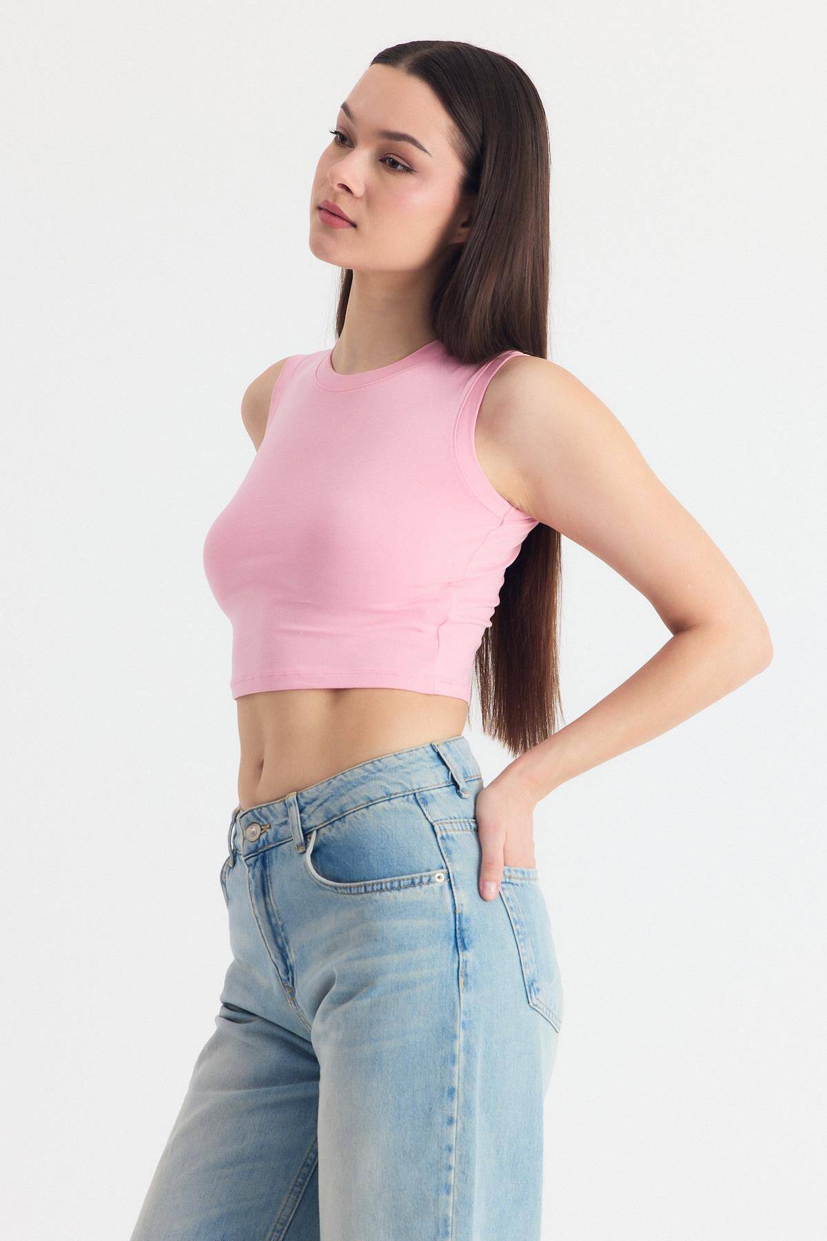Pembe Kolsuz Bisiklet Yaka Crop Atlet 318 - 3
