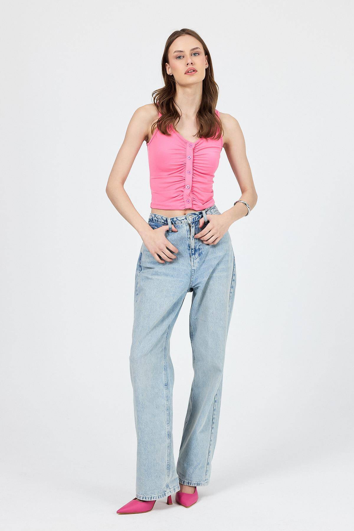 Pembe U Yaka Büzgülü Düğmeli Atlet 13298 - Stilay