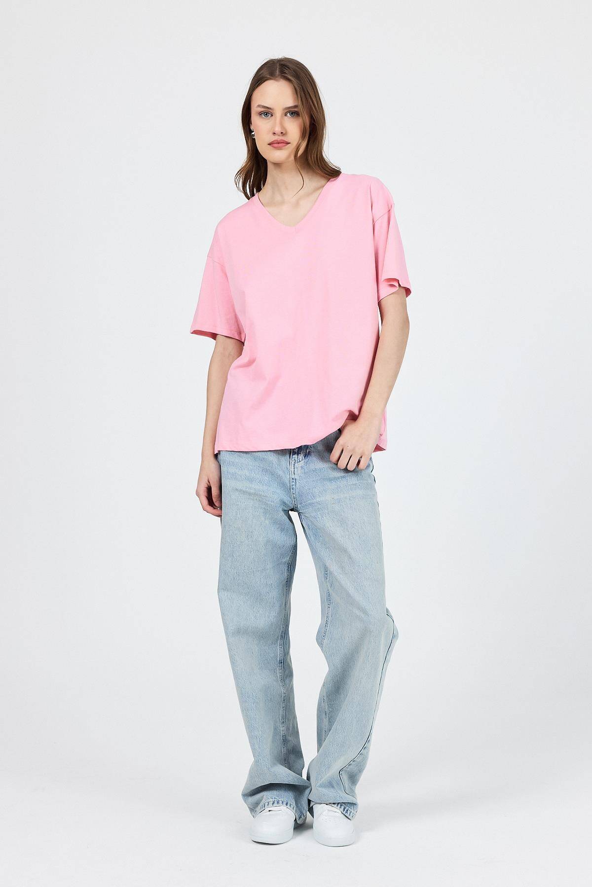 Pembe V Yaka %100 Pamuk Comfort Fit Tişört 2143M - Stilay