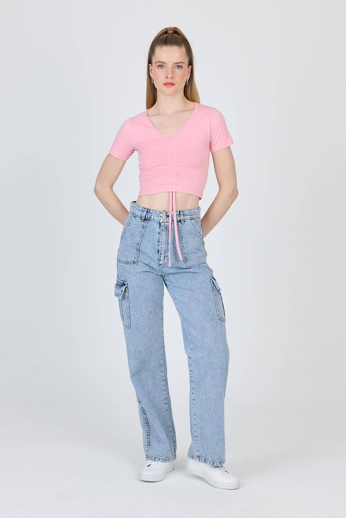 Pembe V Yaka Büzgülü Crop Tişört 9201M - Stilay