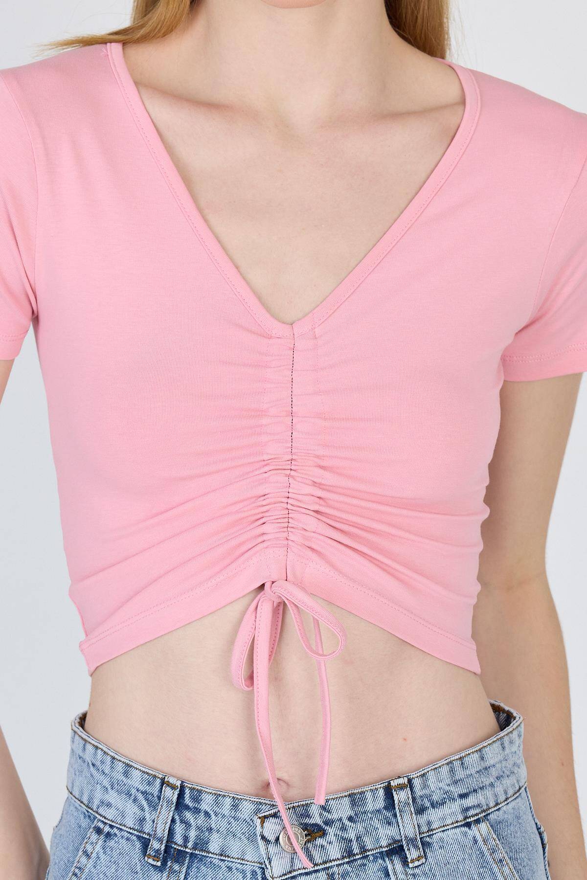 Pembe V Yaka Büzgülü Crop Tişört 9201M - 4
