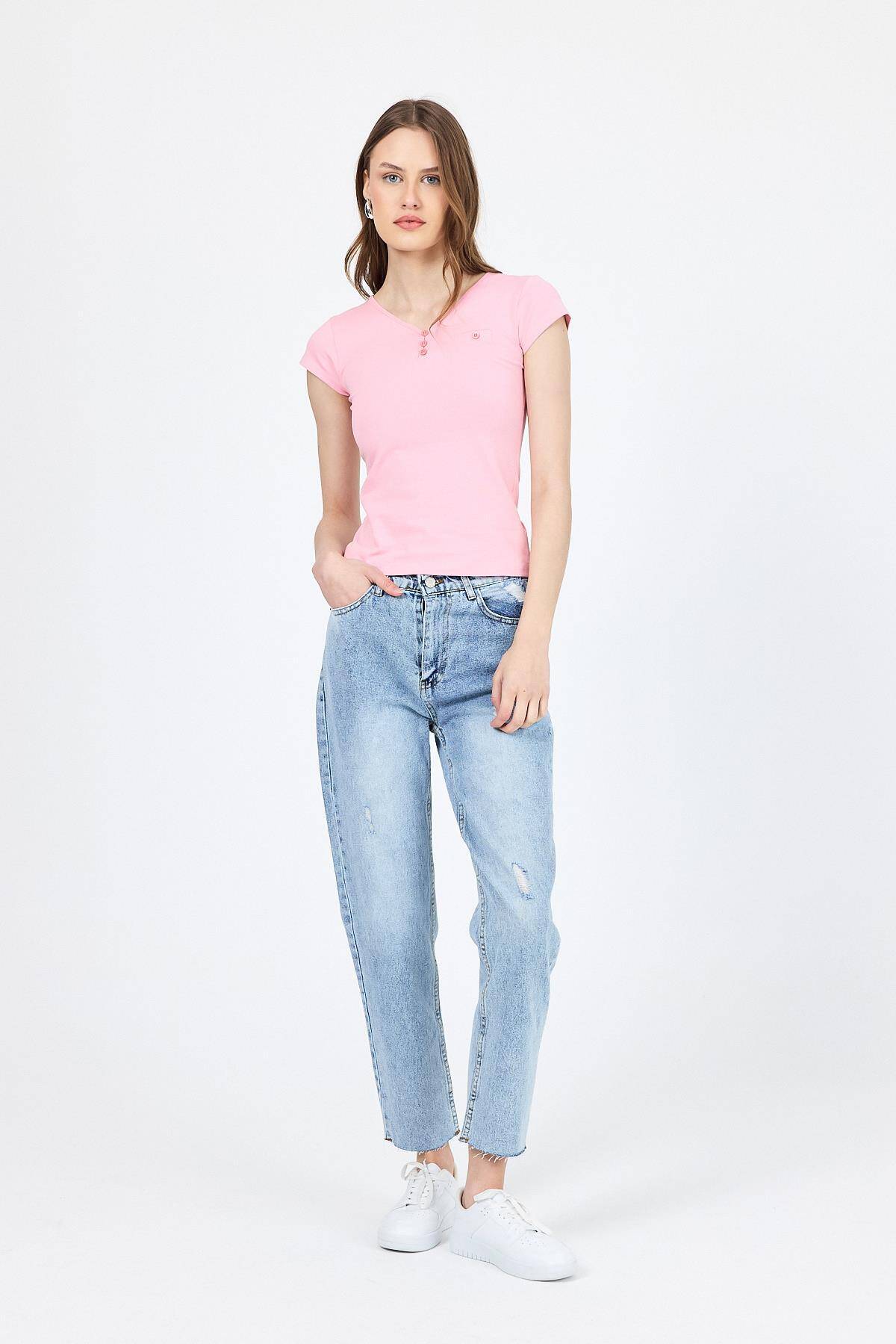 Pembe V Yaka Düğmeli Cep Detaylı Slim Fit Tişört 2213 - 2