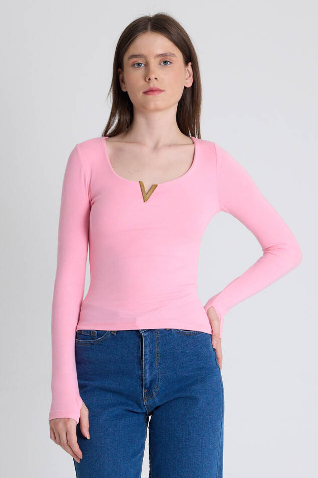 Pembe Viskoz/Yumuşak Kumaş Aksesuarlı Parmak Geçme Detaylı Bluz 1476 - 3