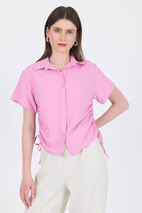 Pembe Yanları Büzgülü Bağcıklı Kısa Kollu Gömlek 4368A - Stilay